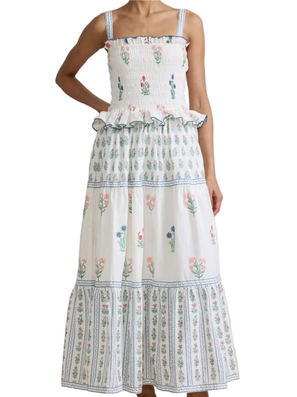 Retro Granny Floral Smock Ruffle Frill Square Neck Tiered Side Pocket Maxi Dress - Picture 6 of 8